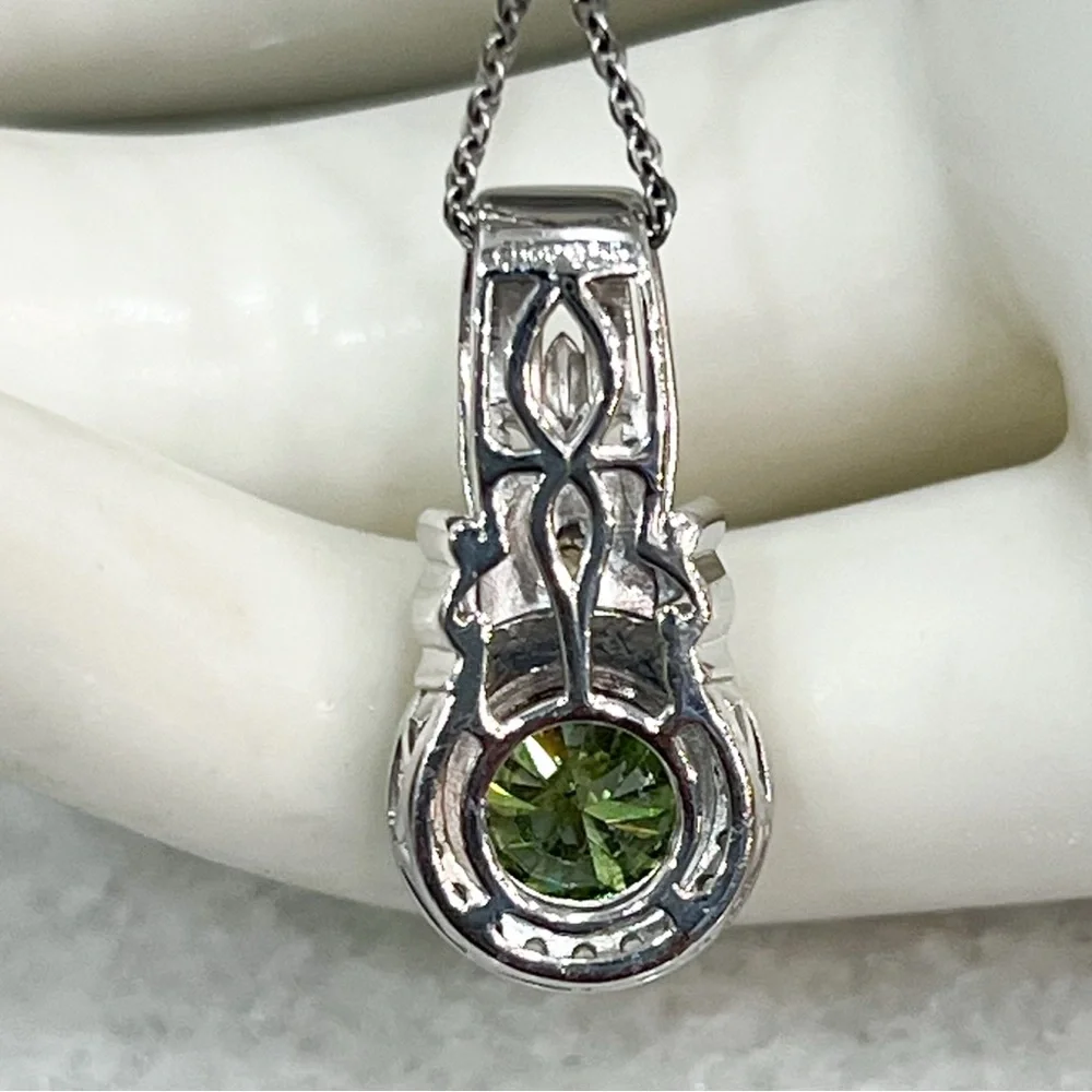 Green and White Moissanite Green Sapphire Sterling Silver Pendant 20” Necklace - Picture 8 of 11